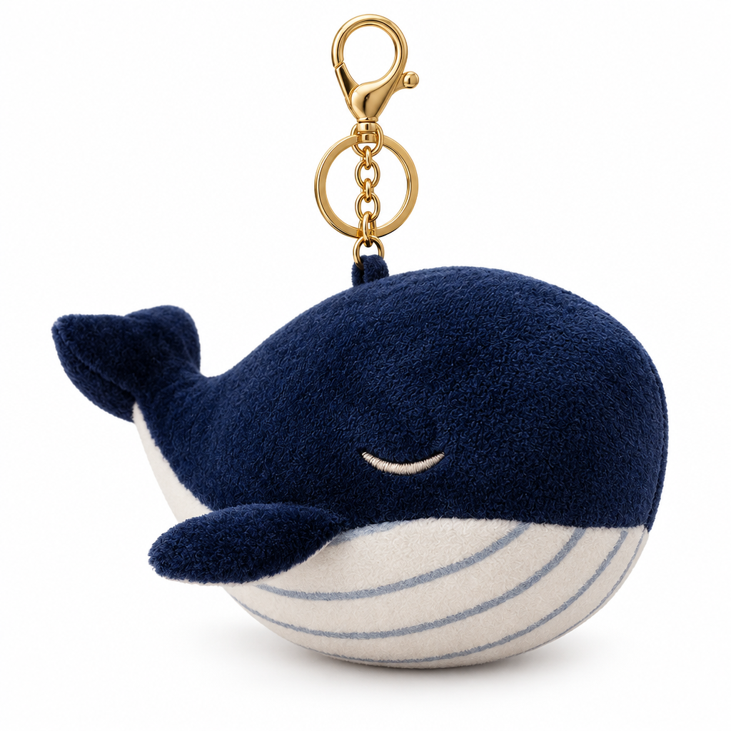 Navy whale plush keychain with a gold-tone clasp on a white background