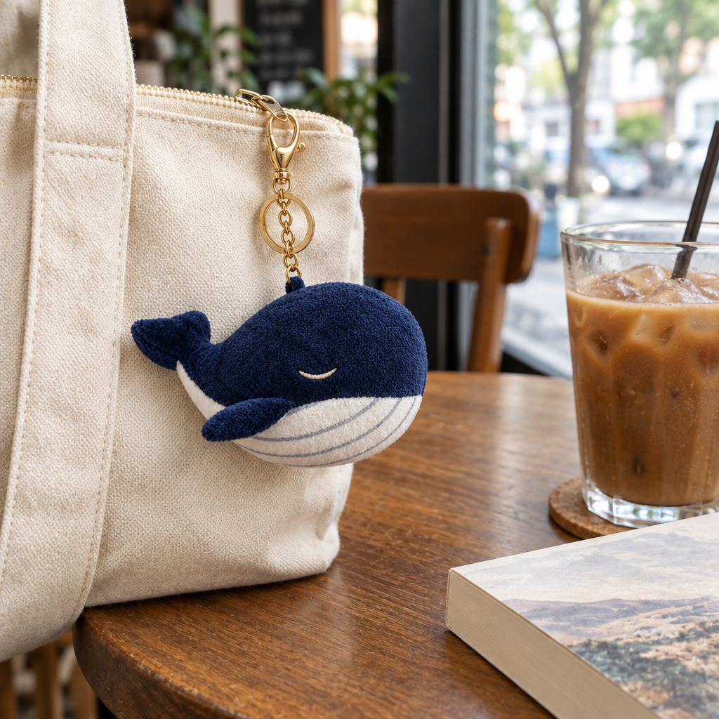 Navy whale plush keychain clipped to a canvas tote bag on a café table