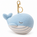Light blue whale plush keychain with a gold-tone clasp on a white background