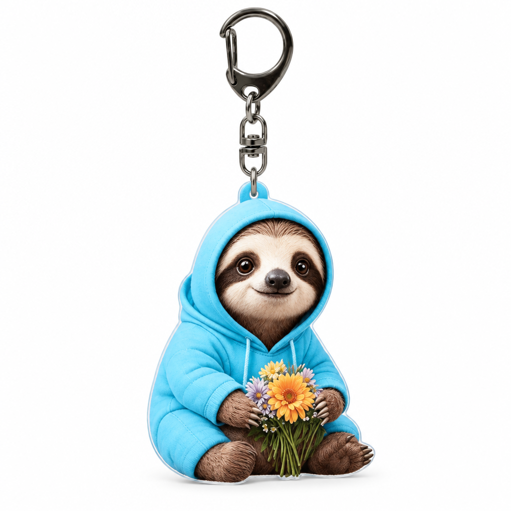 Acrylic keychain of a sloth in a blue hoodie holding flowers on a white background