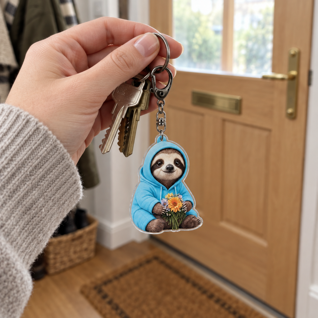 Adult hand holding house keys with the blue hoodie sloth acrylic keychain