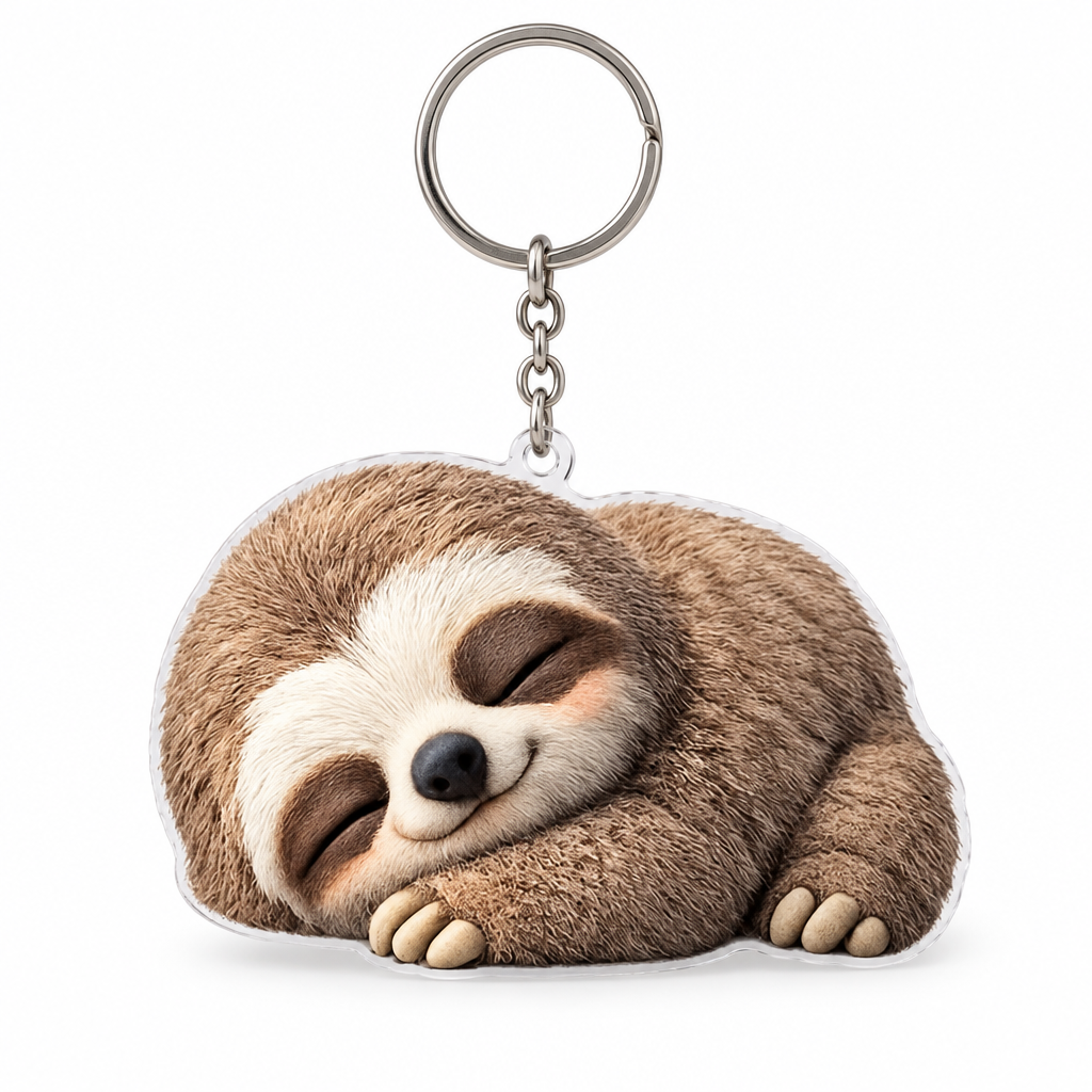 Acrylic keychain of a sleeping sloth curled up on a white background