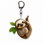 Acrylic keychain of a sloth hanging from a leafy branch on a white background