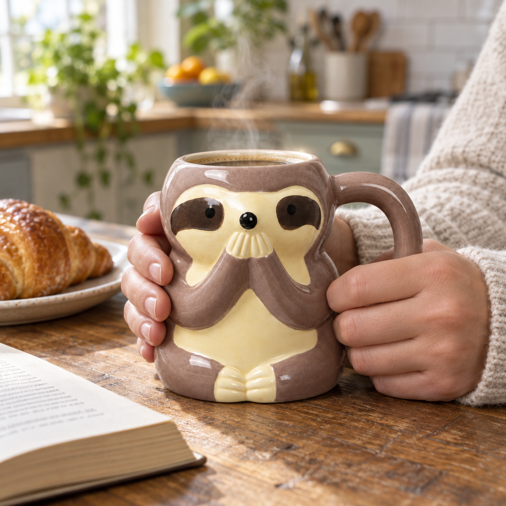 Adult hands around the sloth ceramic mug of coffee on a wooden table