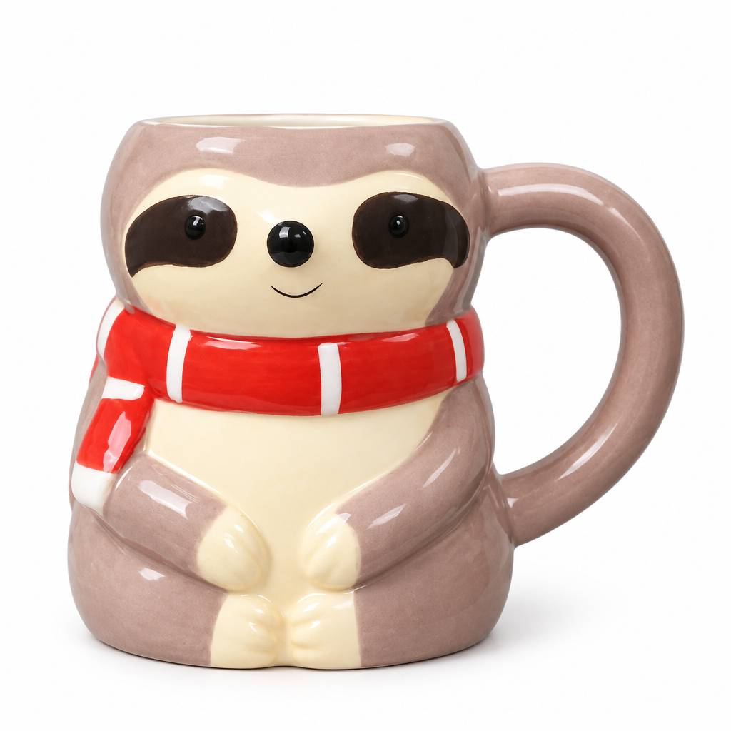 Sloth-shaped ceramic mug wearing a red striped scarf on a white background