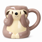 Sloth-shaped ceramic mug with paws over its eyes on a white background