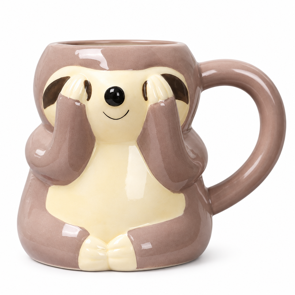 Sloth-shaped ceramic mug with paws over its eyes on a white background