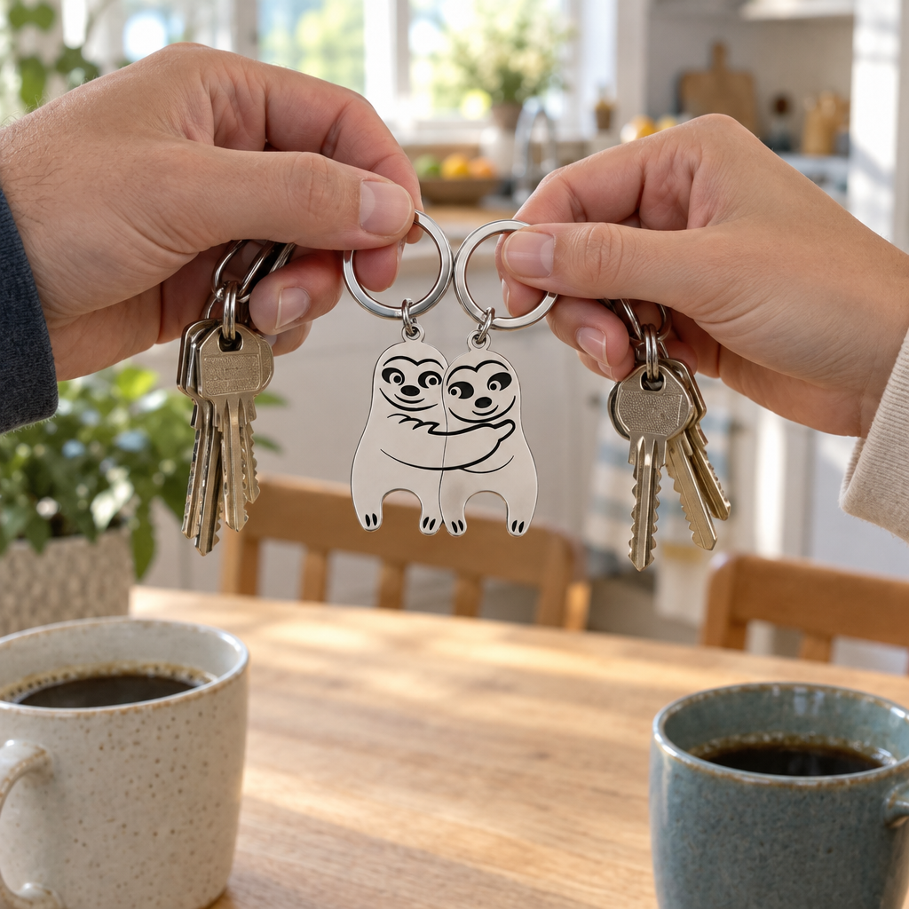 Two hands holding keys with the two sloth keychain halves joined in a hug