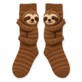 Brown knit socks with a 3D knitted sloth hugging each one on a white background