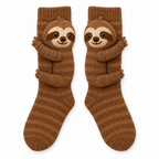 Brown knit socks with a 3D knitted sloth hugging each one on a white background