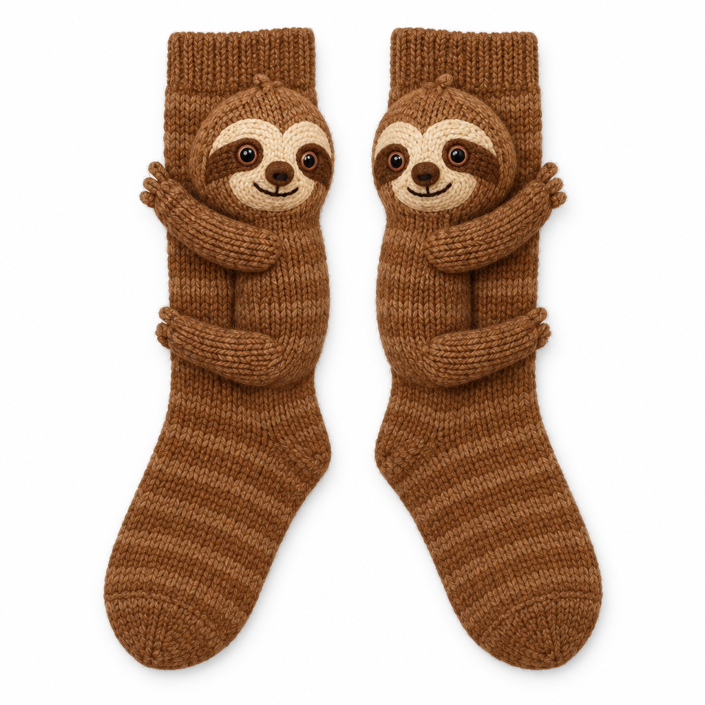 Brown knit socks with a 3D knitted sloth hugging each one on a white background