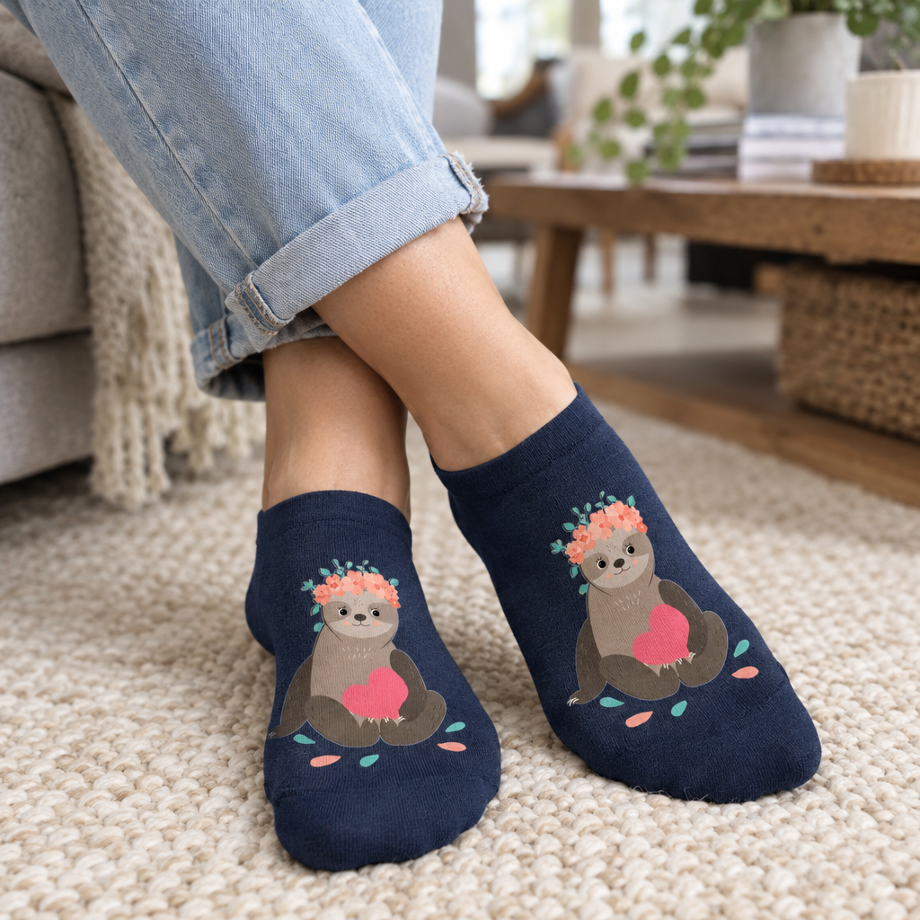Adult feet in navy sloth print ankle socks crossed on a cream rug