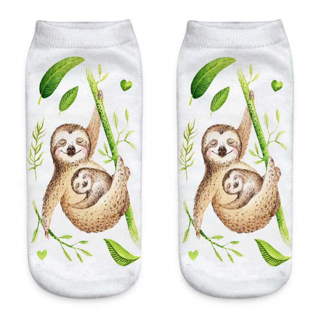 White ankle socks with a watercolor mother and little sloth on bamboo on a white background