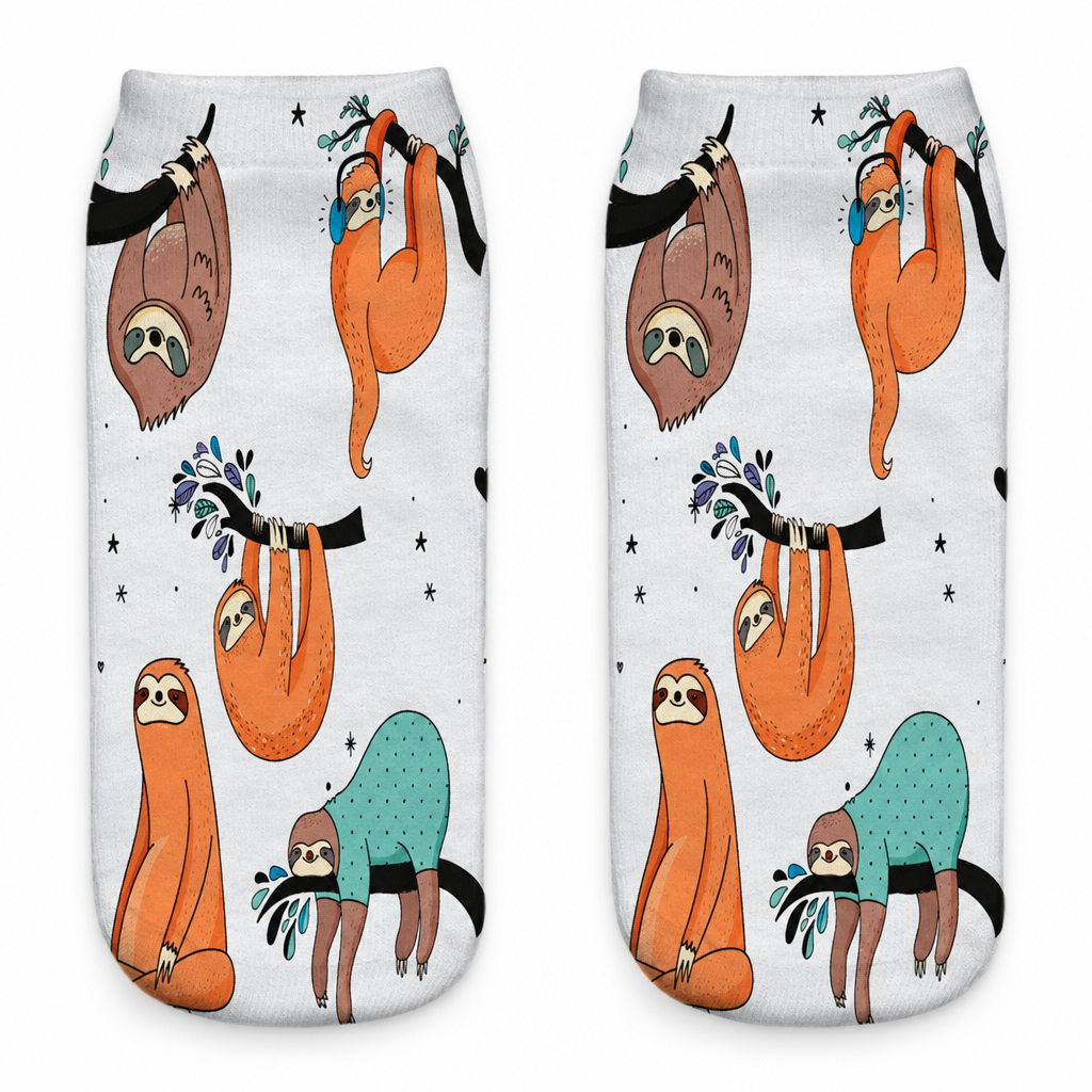 Light gray ankle socks with an all-over orange, brown and teal sloth pattern on a white background