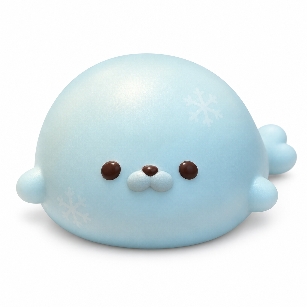 Icy blue seal squishy with white snowflakes on a white background