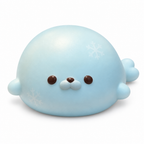 Icy blue seal squishy with white snowflakes on a white background