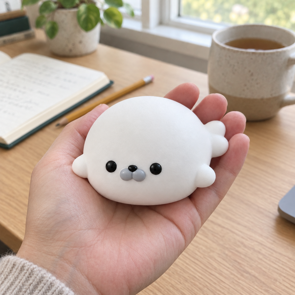 White seal squishy held in an adult's palm above a wooden desk