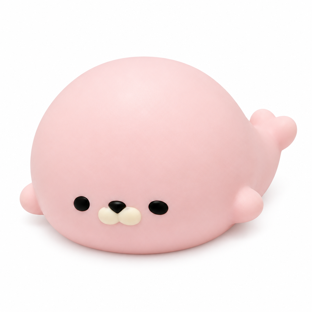 Pink seal squishy with a cream muzzle on a white background
