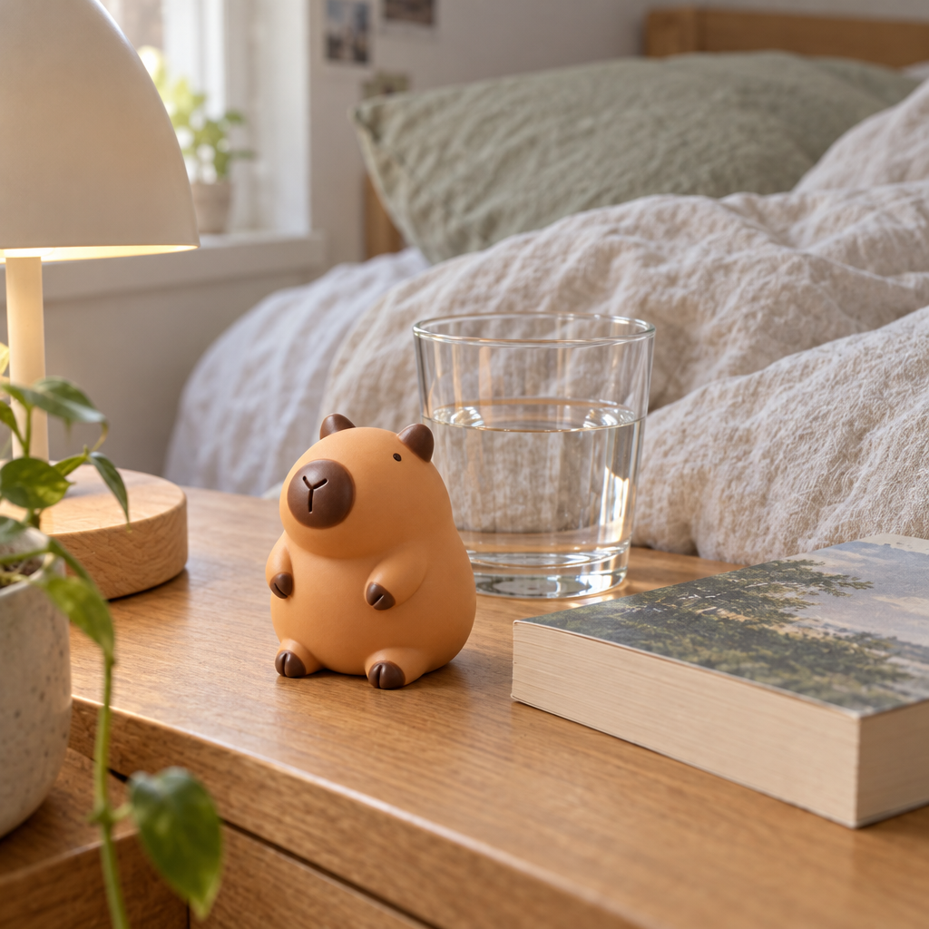 Slow rising capybara squishy on a bedside table