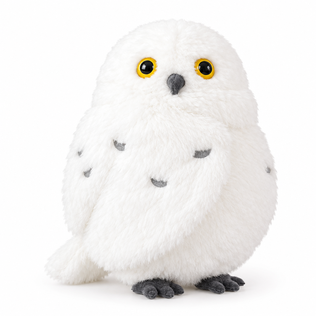 Fluffy white snowy owl plush on a white background