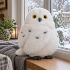 Snowy owl plush sitting on a wooden windowsill on a winter day