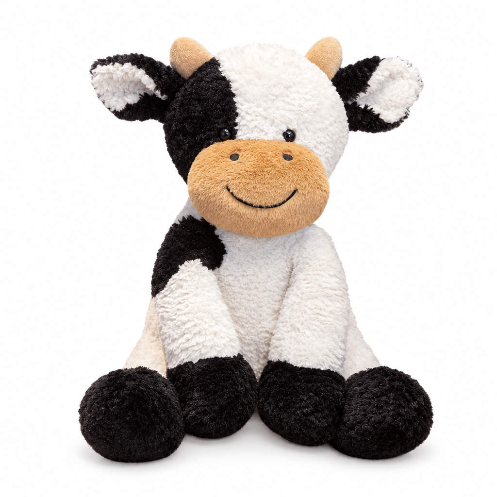 Black-and-white spotted cow plush with tan horns and floppy legs on a white background