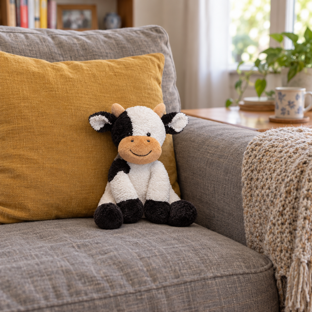 Black-and-white cow plush sitting on a gray sofa next to a cushion
