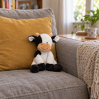 Black-and-white cow plush sitting on a gray sofa next to a cushion
