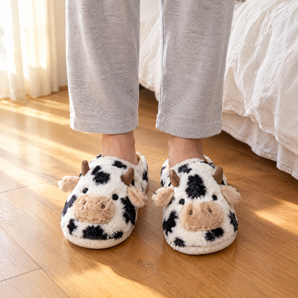 Black and White Spotted Cow Plush Slippers worn on a wooden bedroom floor beside the bed in morning light