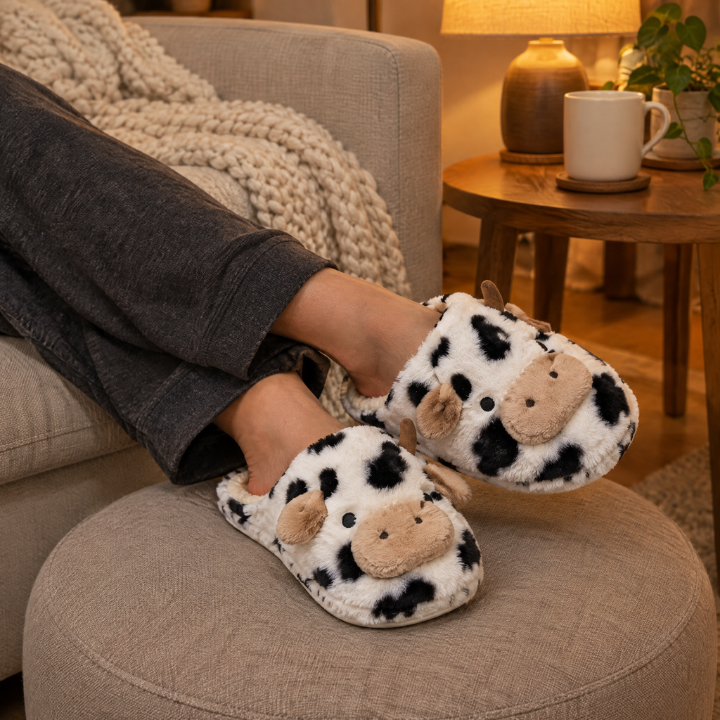 Black and White Spotted Cow Plush Slippers worn with ankles crossed on a footstool in warm lamp light