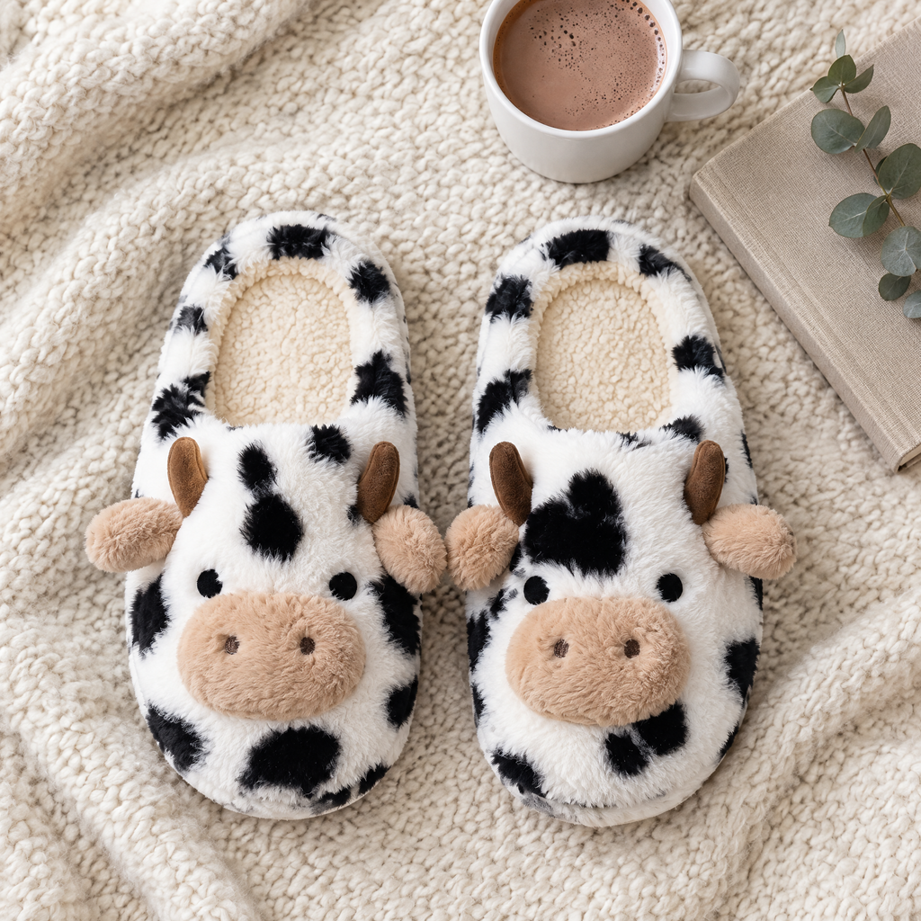 Black and White Spotted Cow Plush Slippers flat lay with a mug of cocoa, a book and greenery
