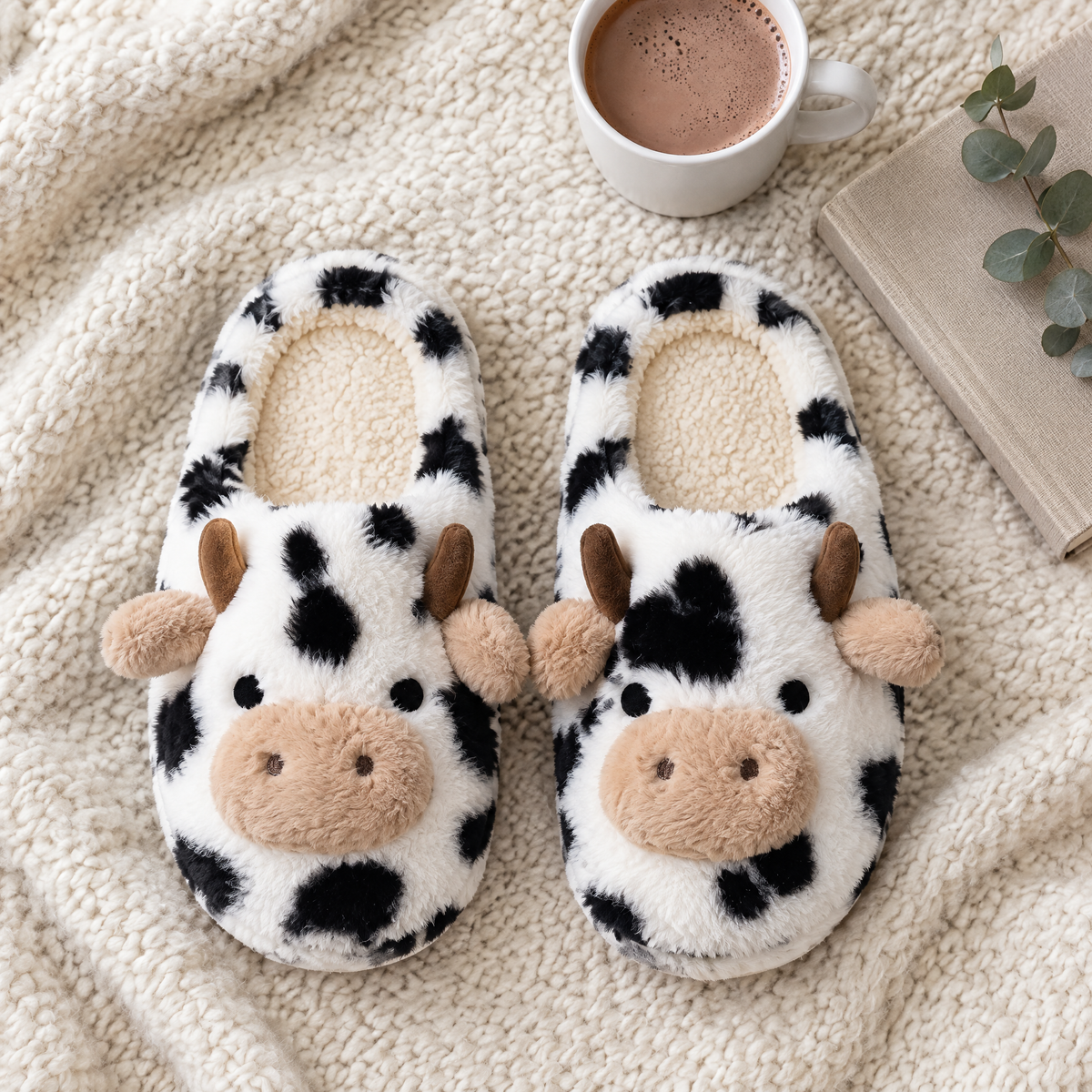 Black and White Spotted Cow Plush Slippers flat lay with a mug of cocoa, a book and greenery