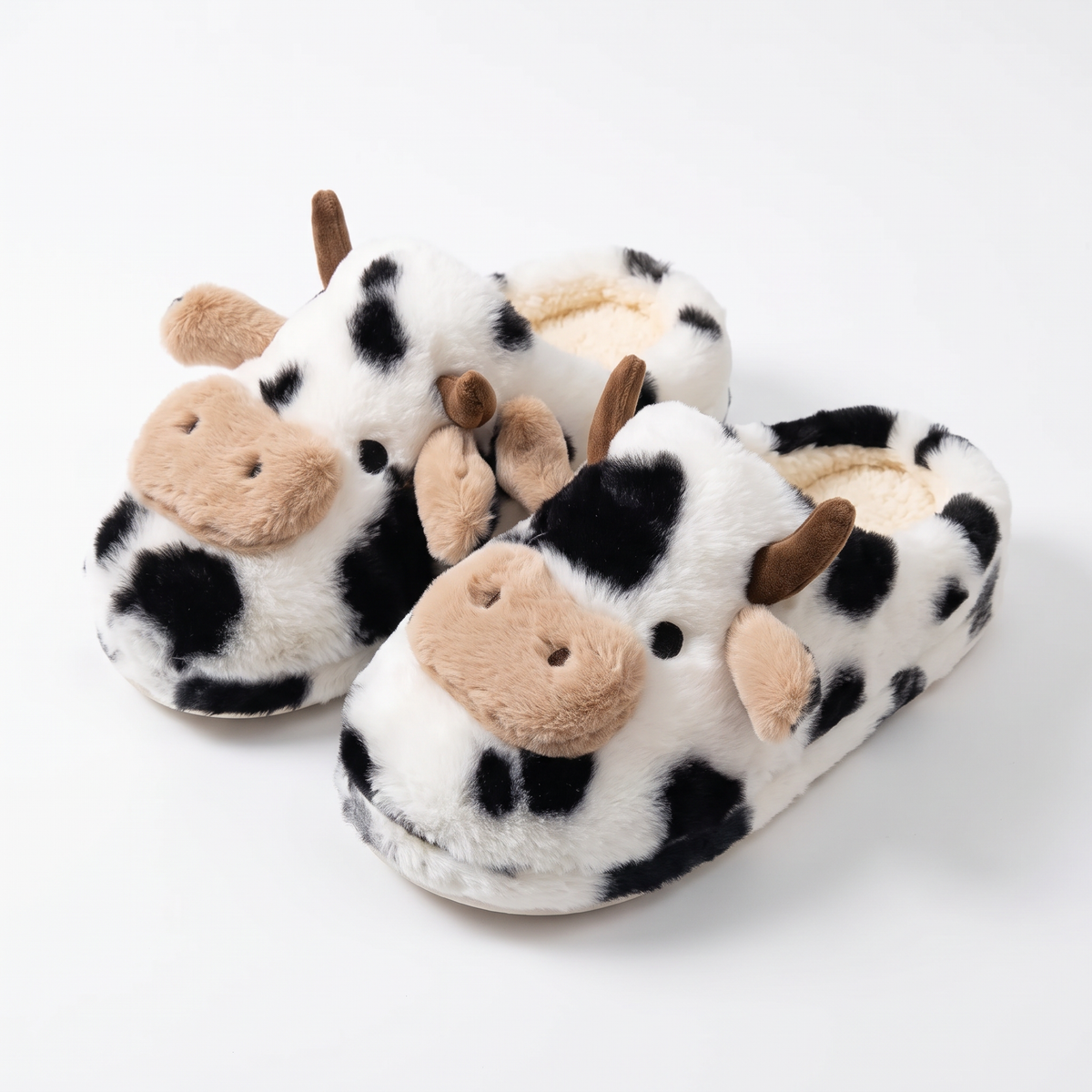 White plush slippers with black cow spots and 3D cow faces on a white background