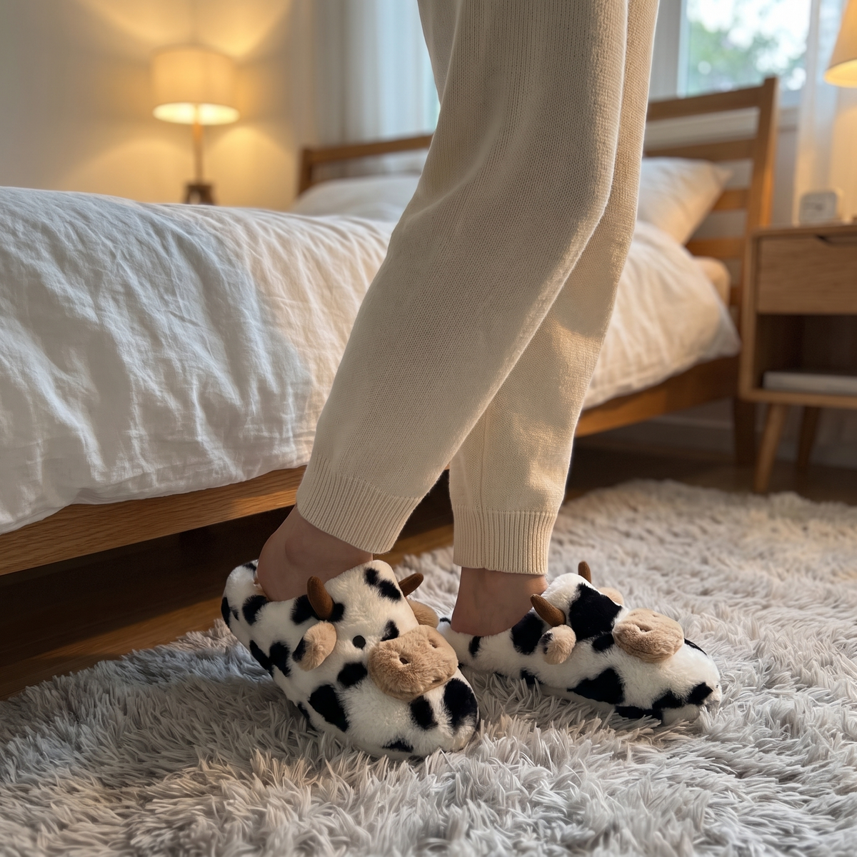 Adult feet wearing spotted cow plush slippers on a fluffy rug by the bed
