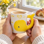 Adult hands holding the yellow whale mug of coffee at a sunny table