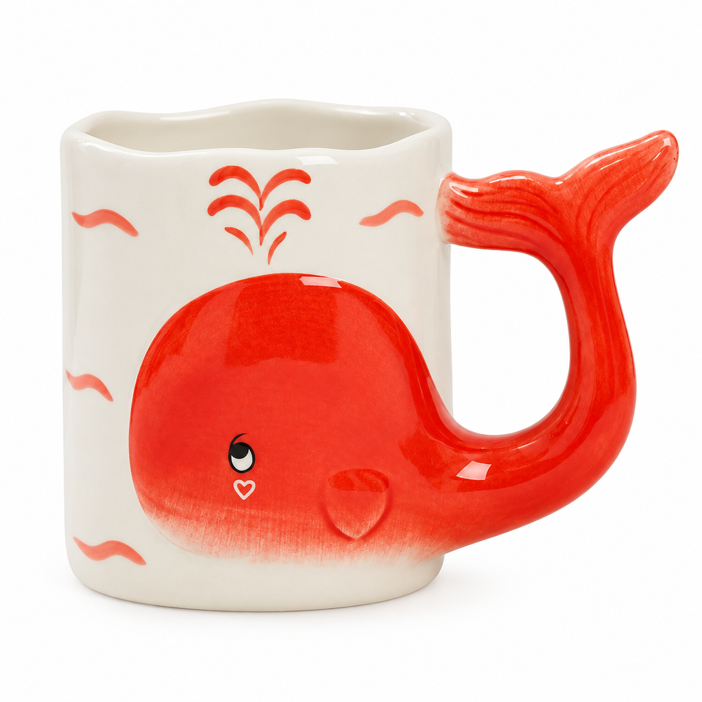 White ceramic mug with a red 3D whale whose tail forms the handle on a white background