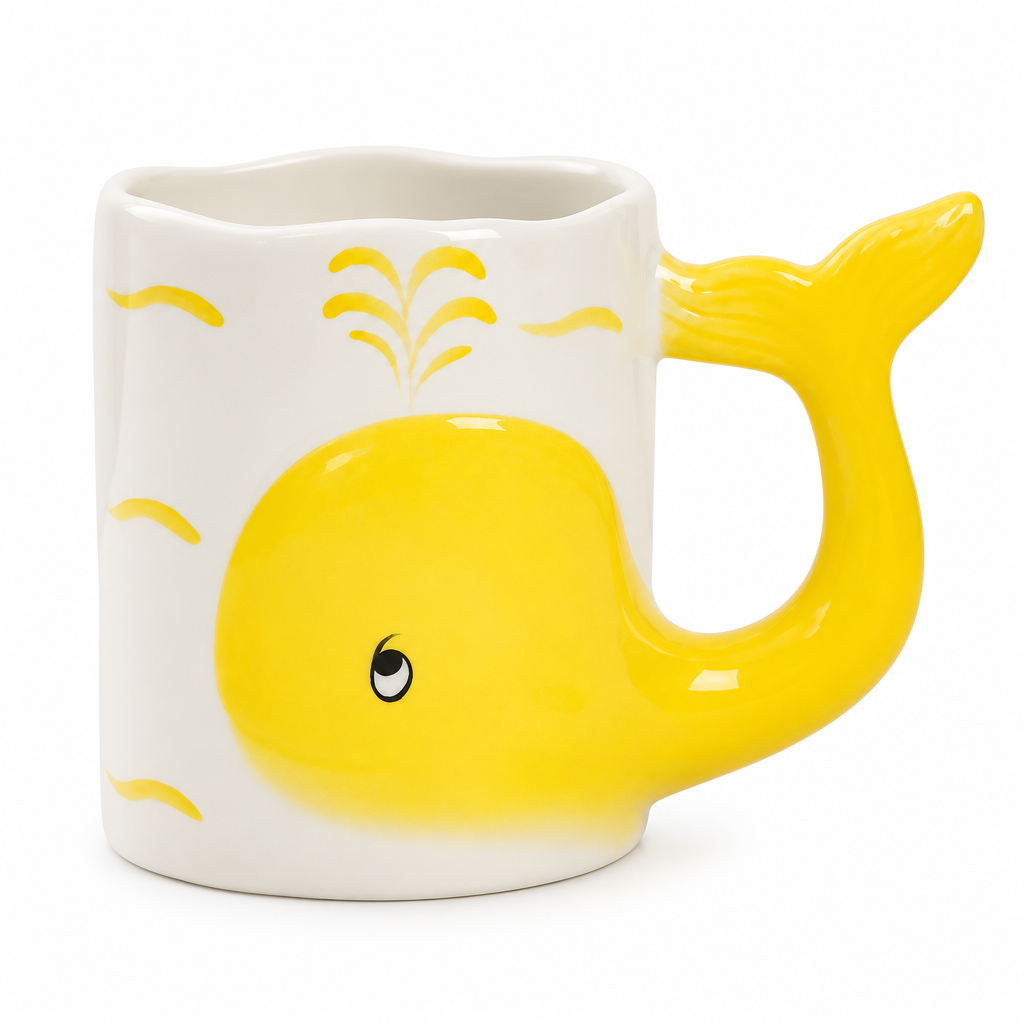 White ceramic mug with a yellow 3D whale whose tail forms the handle on a white background