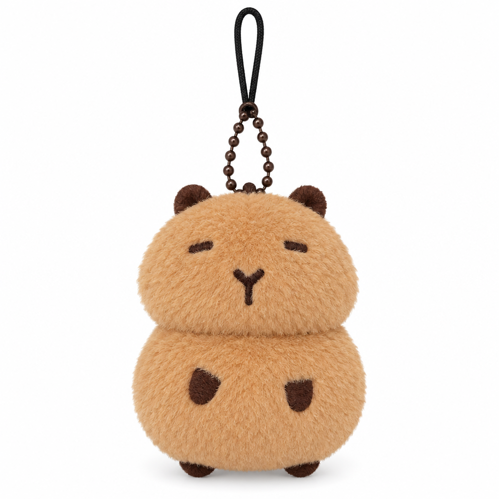 Round squeaky capybara keychain on a white background