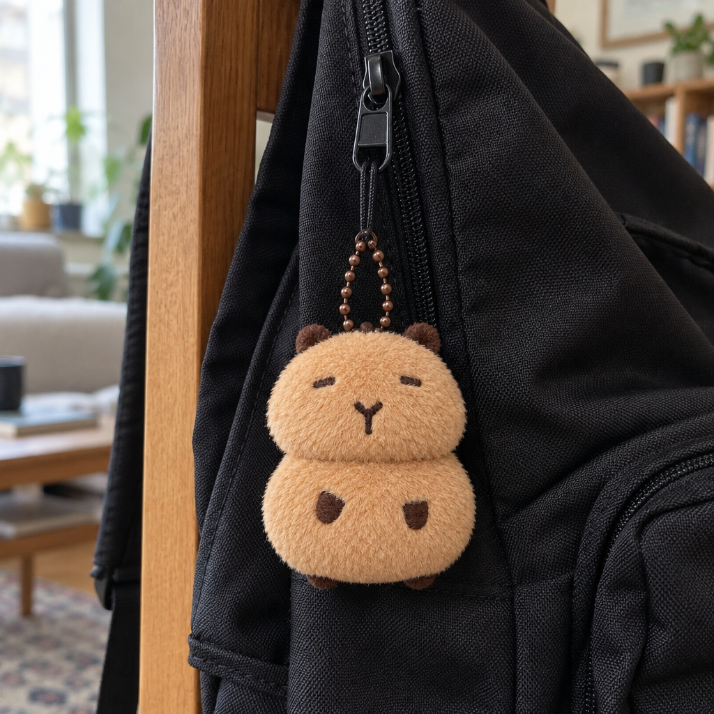 Squeaky capybara keychain clipped to a black backpack zipper