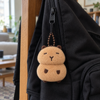 Squeaky capybara keychain clipped to a black backpack zipper