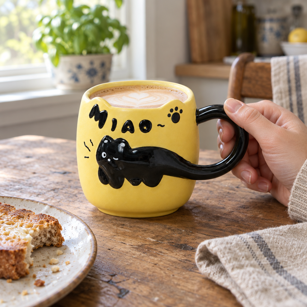 Butter yellow black cat mug with a latte on a wooden kitchen table