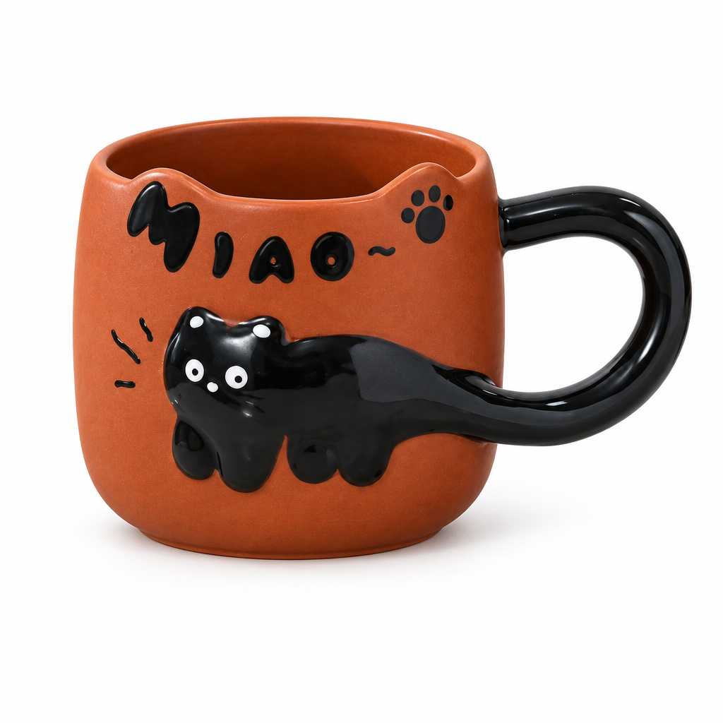 Terracotta ceramic mug with a black cat tail handle on a white background