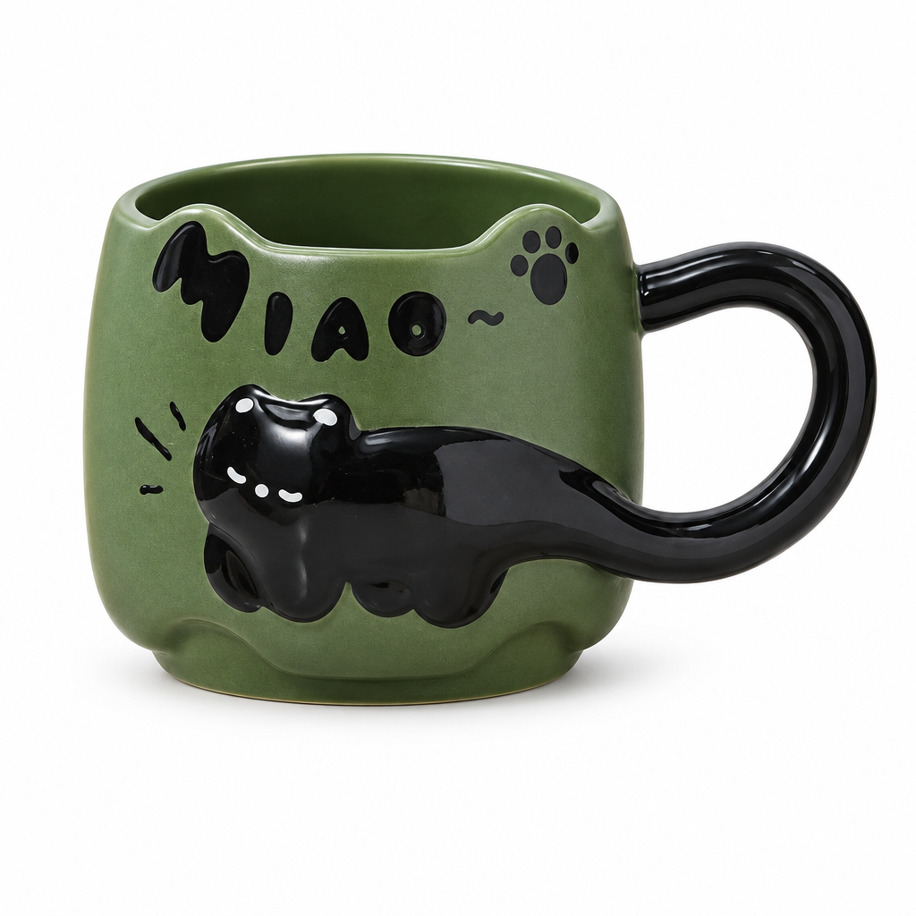 Olive green ceramic mug with a black cat tail handle on a white background