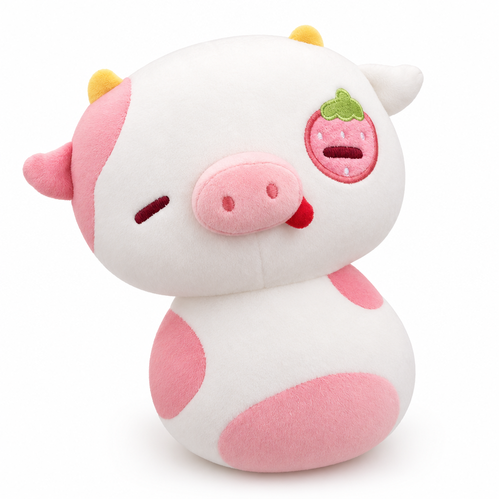 Chubby white cow plush with pink patches and a strawberry eye patch on a white background