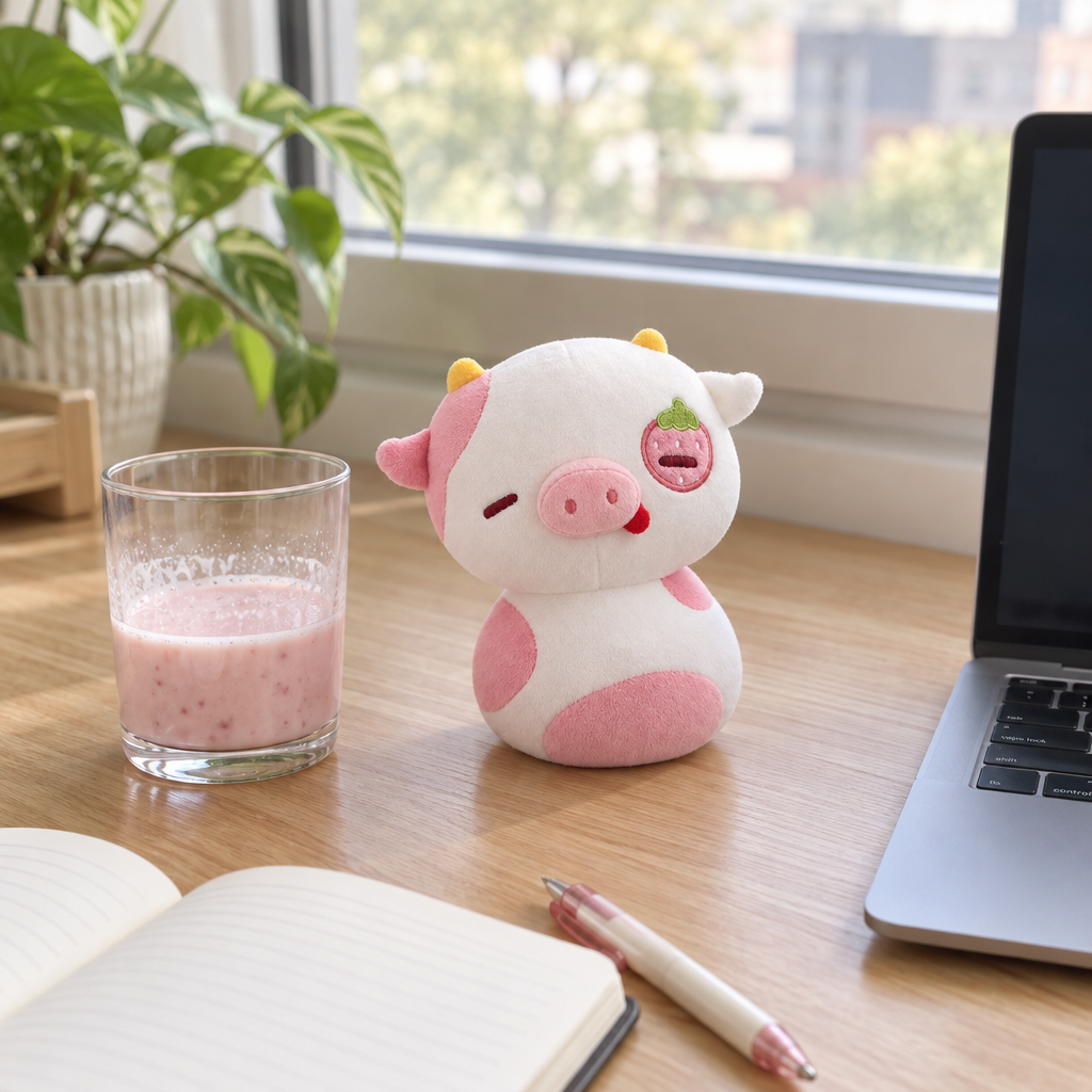 Pink strawberry cow plush sitting on a wooden desk next to a notebook
