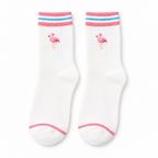 White socks with pink and blue striped cuffs and an embroidered flamingo on a white background