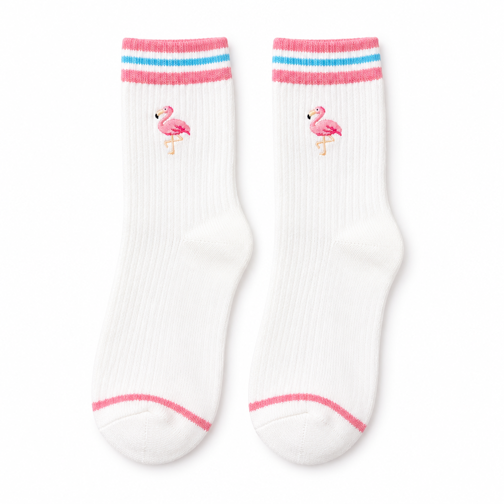 White socks with pink and blue striped cuffs and an embroidered flamingo on a white background