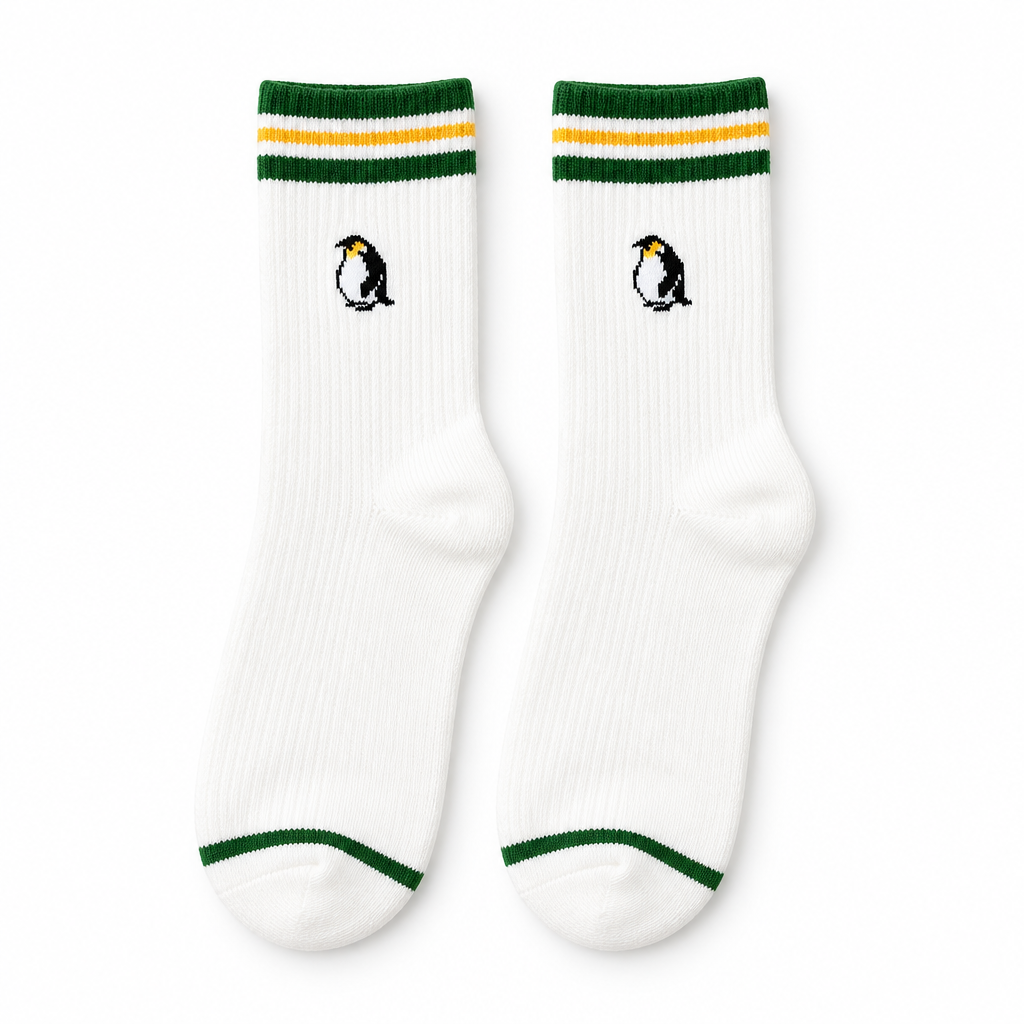 White socks with green and yellow striped cuffs and an embroidered penguin on a white background