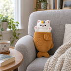 Taiyaki cat plush sitting in a gray armchair next to a cup of tea