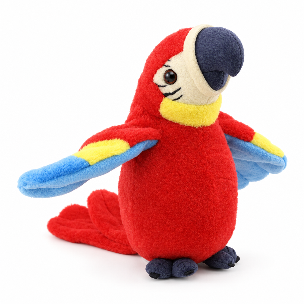 Red talking macaw parrot plush with spread wings on a white background